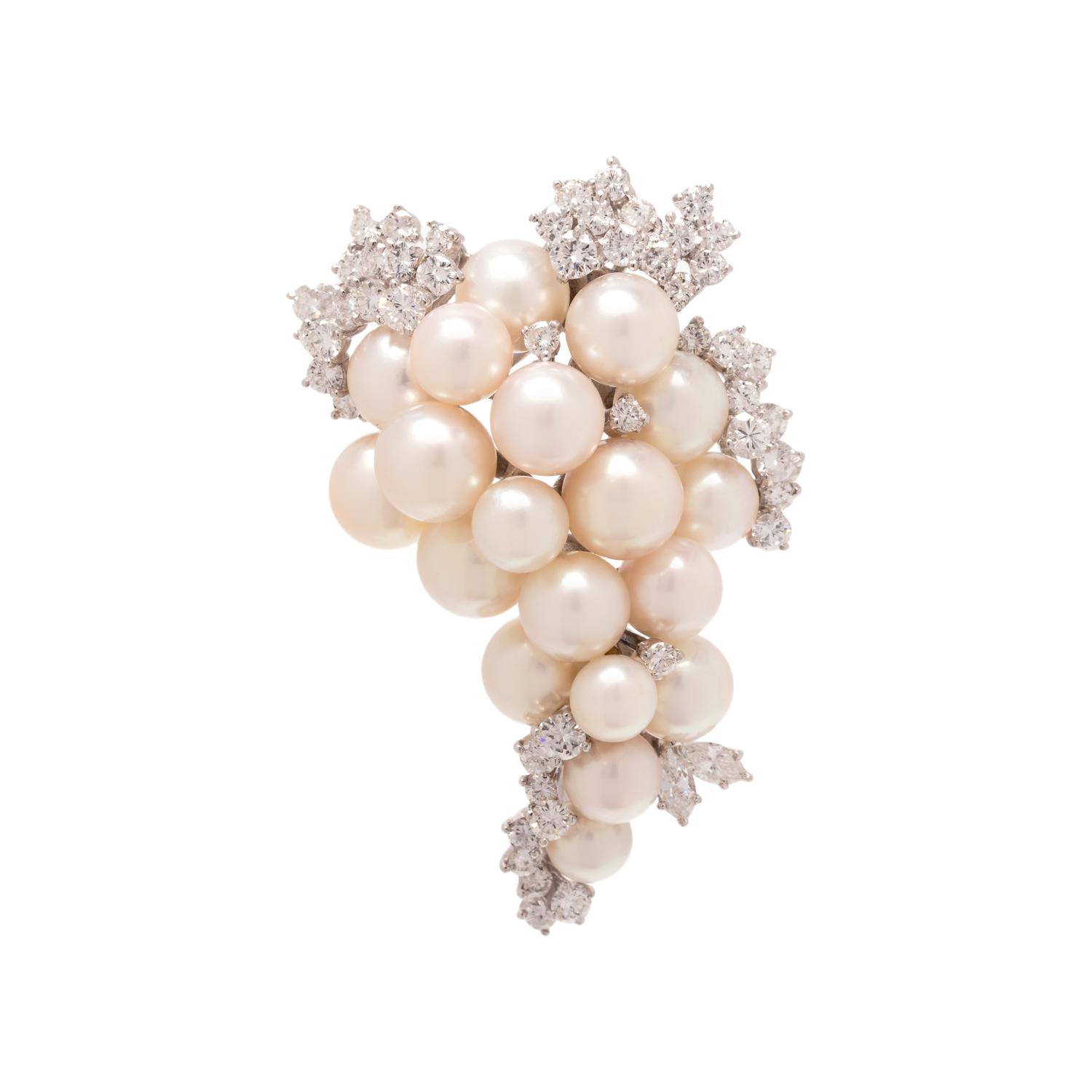CULTURED PEARL AND DIAMOND BROOCH