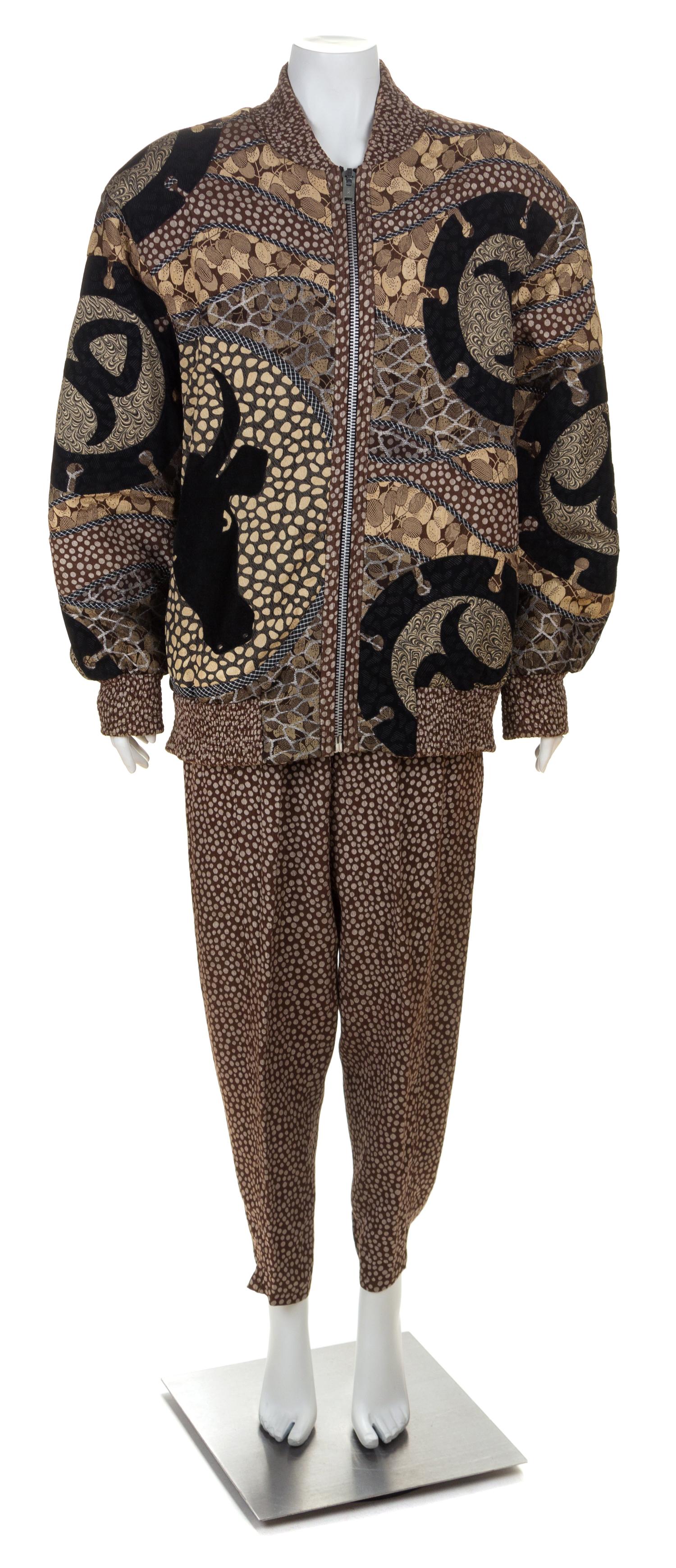 A Koos Brown Pattern Jacket and Pant Ensemble, Pant size small.