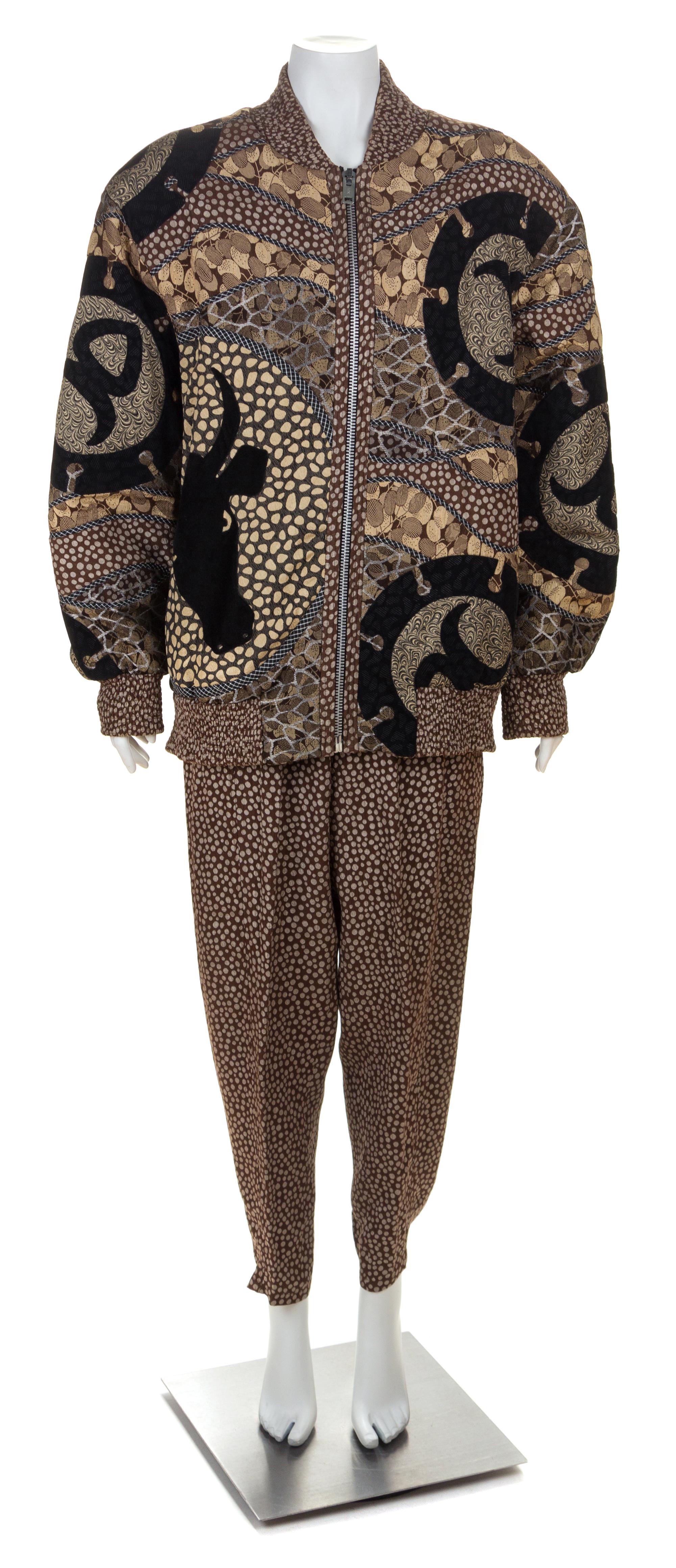 A Koos Brown Pattern Jacket and Pant Ensemble, Pant size small.