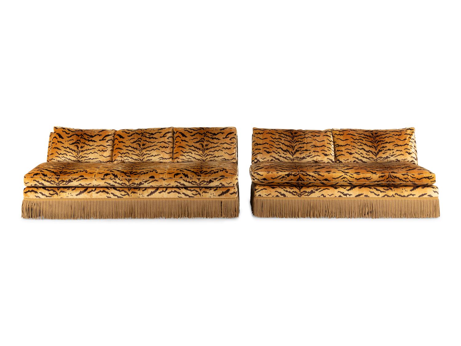 Two Tiger Velvet-Upholstered Banquette Sofas