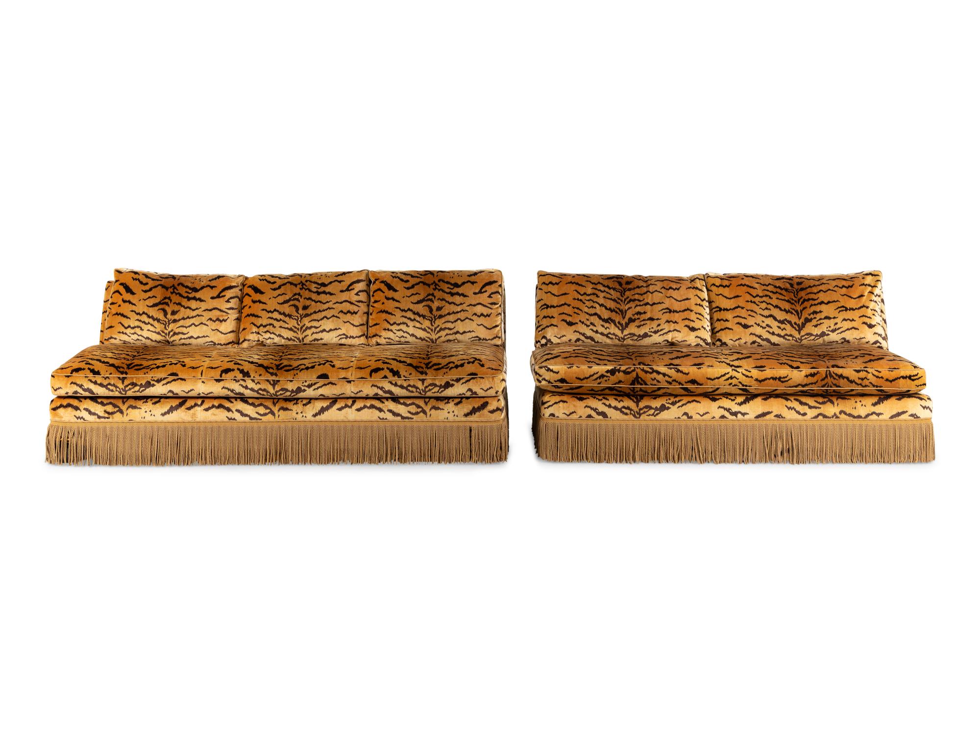 Two Tiger Velvet-Upholstered Banquette Sofas