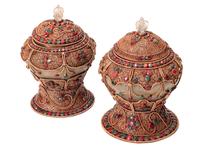 A Pair of Tibetan Style Gilt Filigree, Emerald and Ruby Mounted Rock Crystal Bowls with Covers