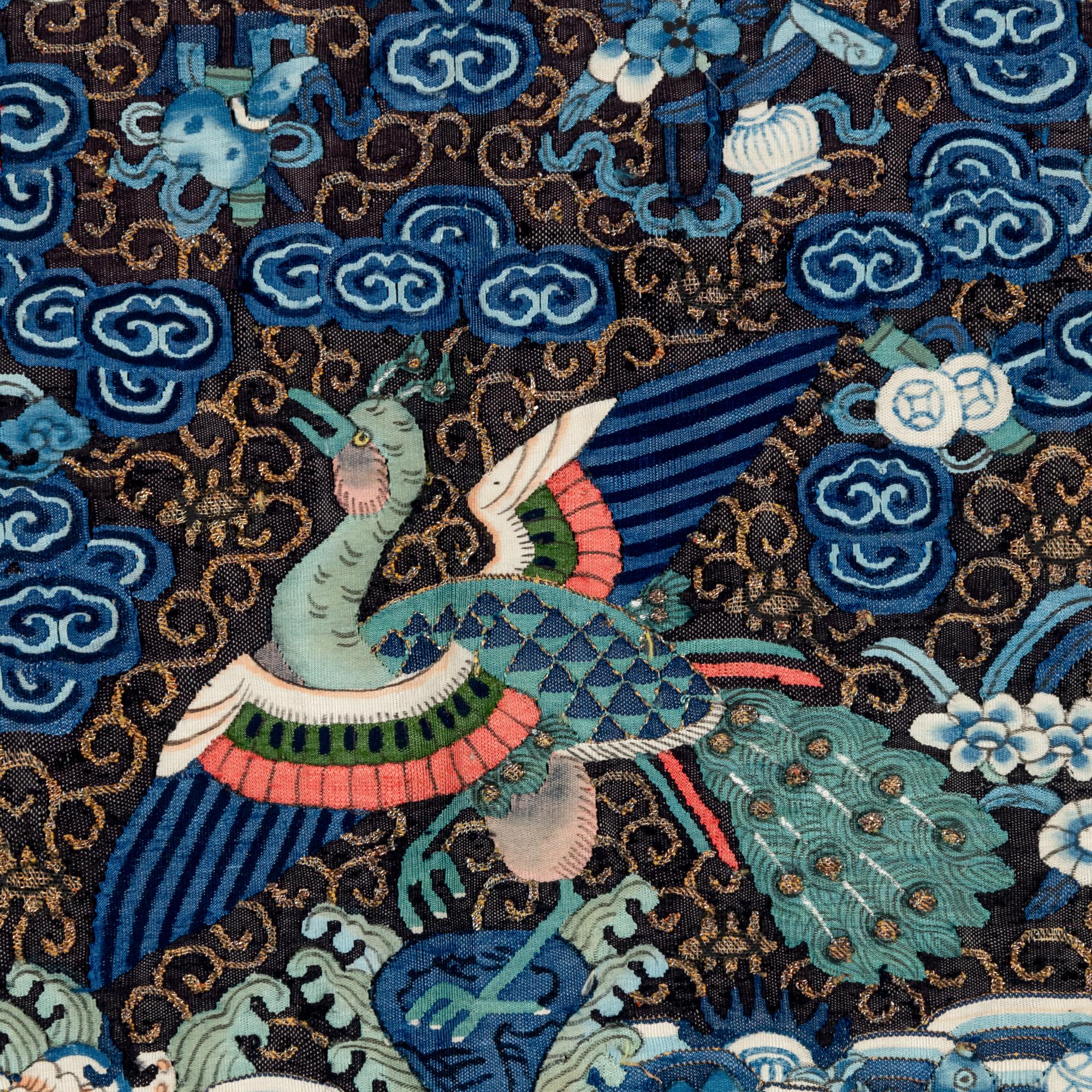 Three Chinese Silk 'Peacock' Rank Badges, 19th Century 清中晚期 緙絲、刺綉三品文官孔雀補子三幅