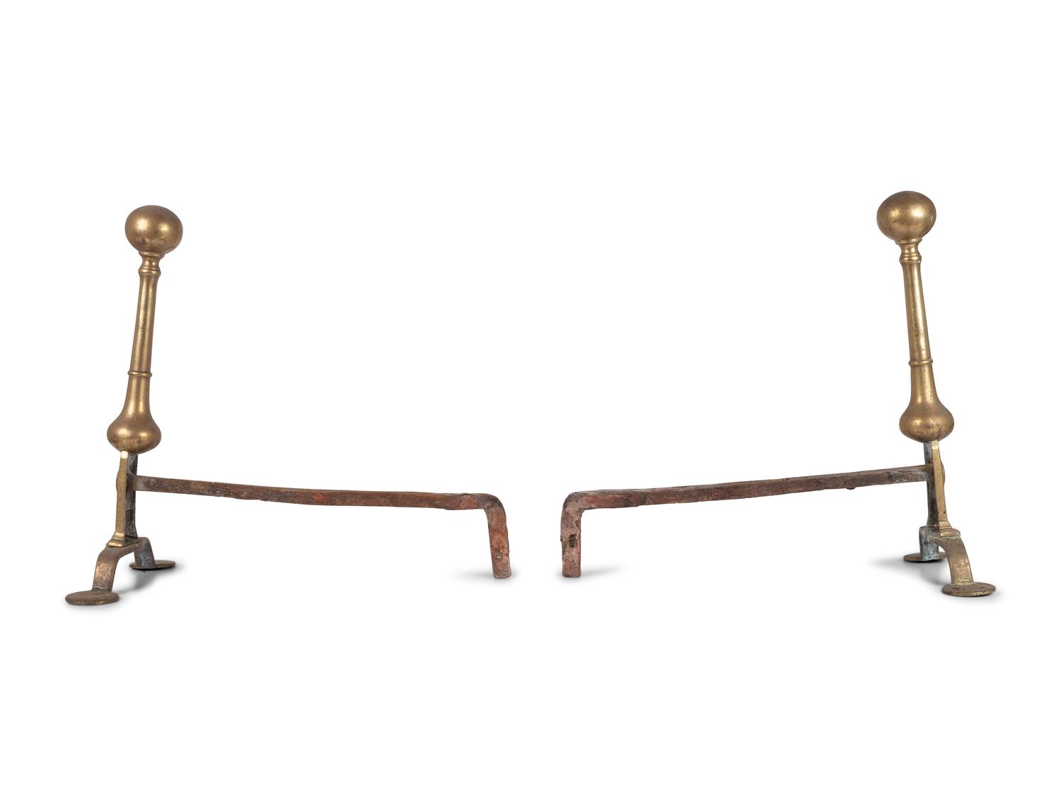 A Pair of Queen Anne Brass and Wrought-Iron Wafer Foot Andirons
