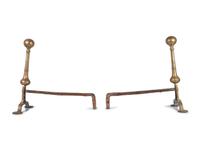 A Pair of Queen Anne Brass and Wrought-Iron Wafer Foot Andirons