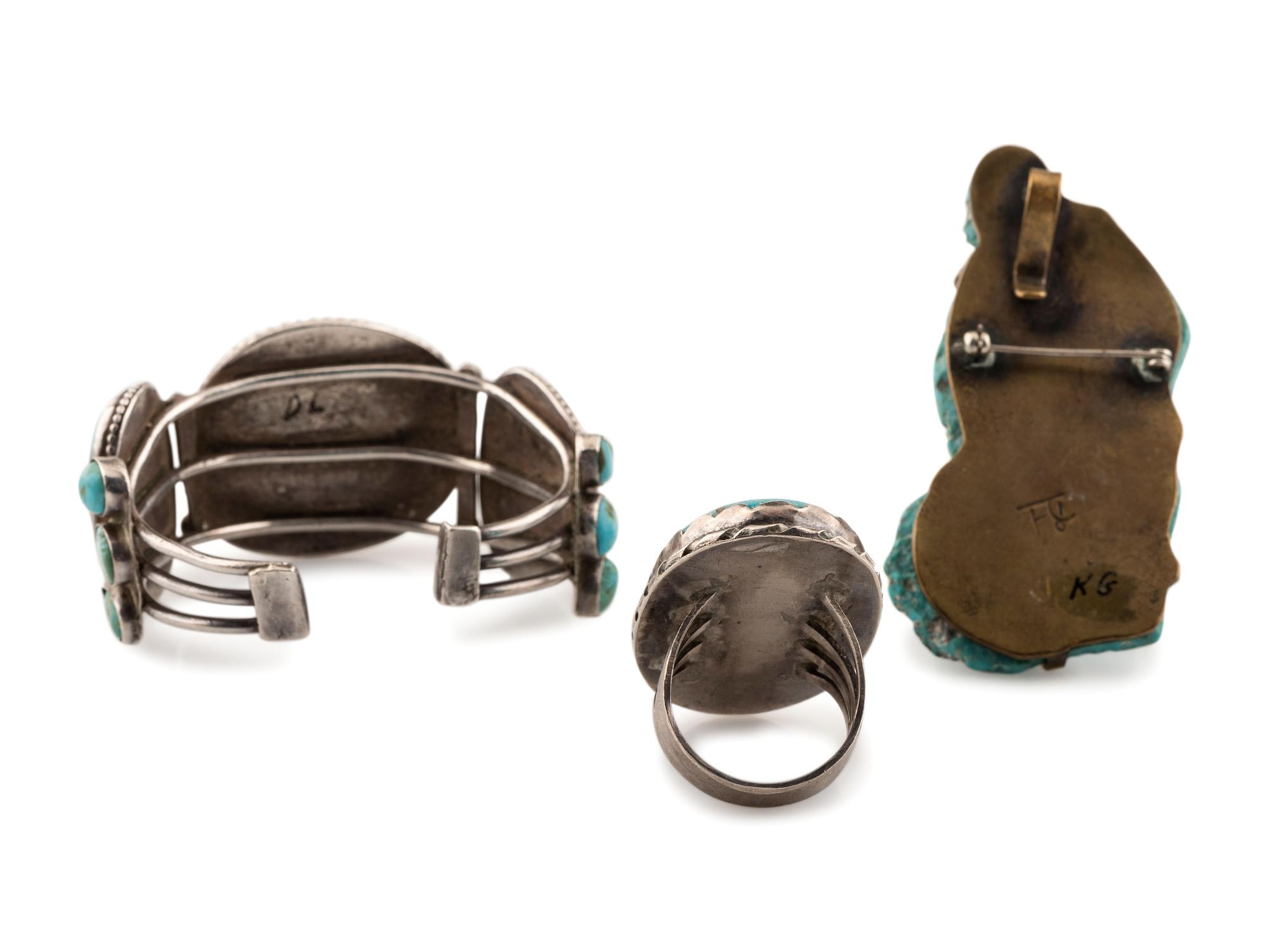 Navajo Silver and Turquoise Ring and Cuff Bracelet, PLUS Carved Brass and Turquoise Pendant