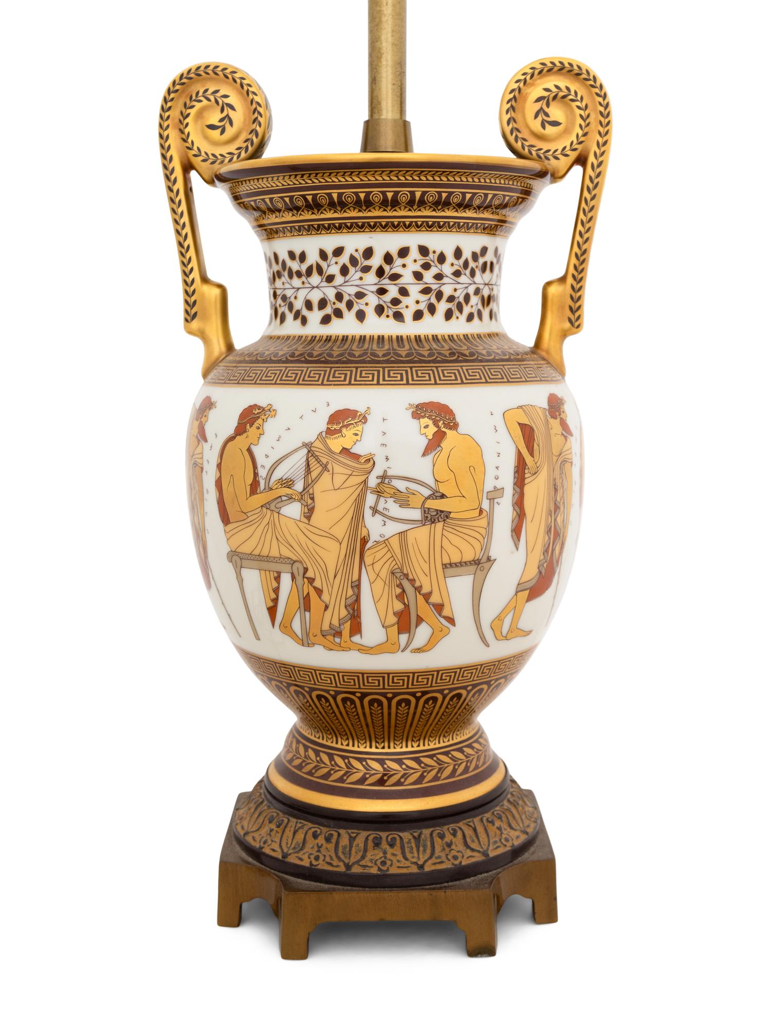 A Johann Seltmann Grecian Style Porcelain Volute Krater Lamp