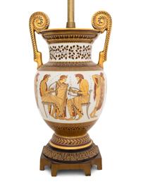 A Johann Seltmann Grecian Style Porcelain Volute Krater Lamp
