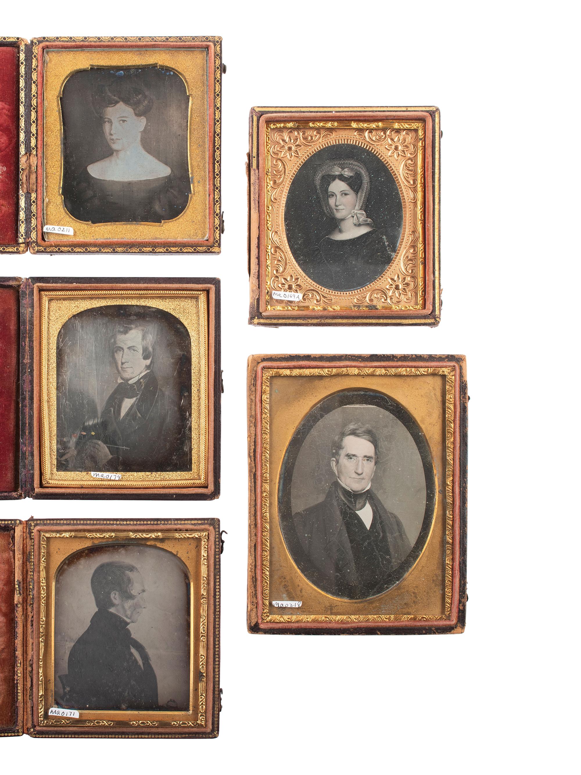 [EARLY PHOTOGRAPHY]. 7 daguerreotypes of folk art portraits of men and women.