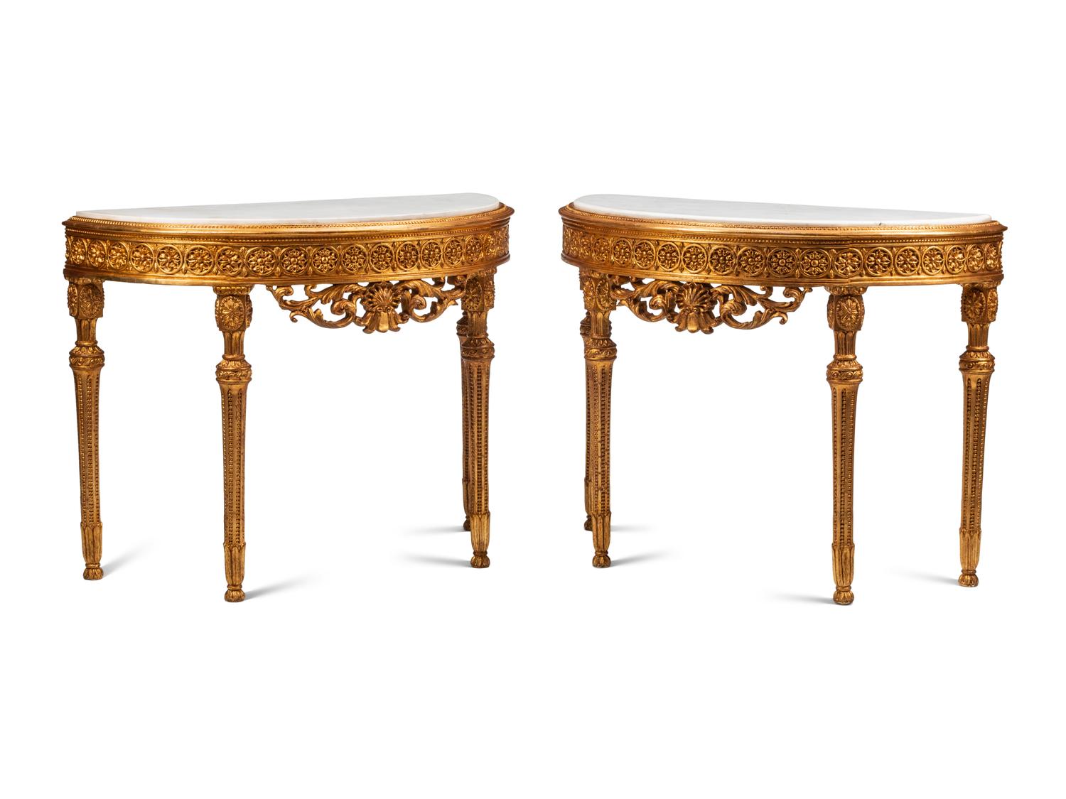 A Pair of Louis XVI Style Giltwood Marble-Top Console Tables