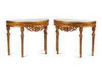 A Pair of Louis XVI Style Giltwood Marble-Top Console Tables