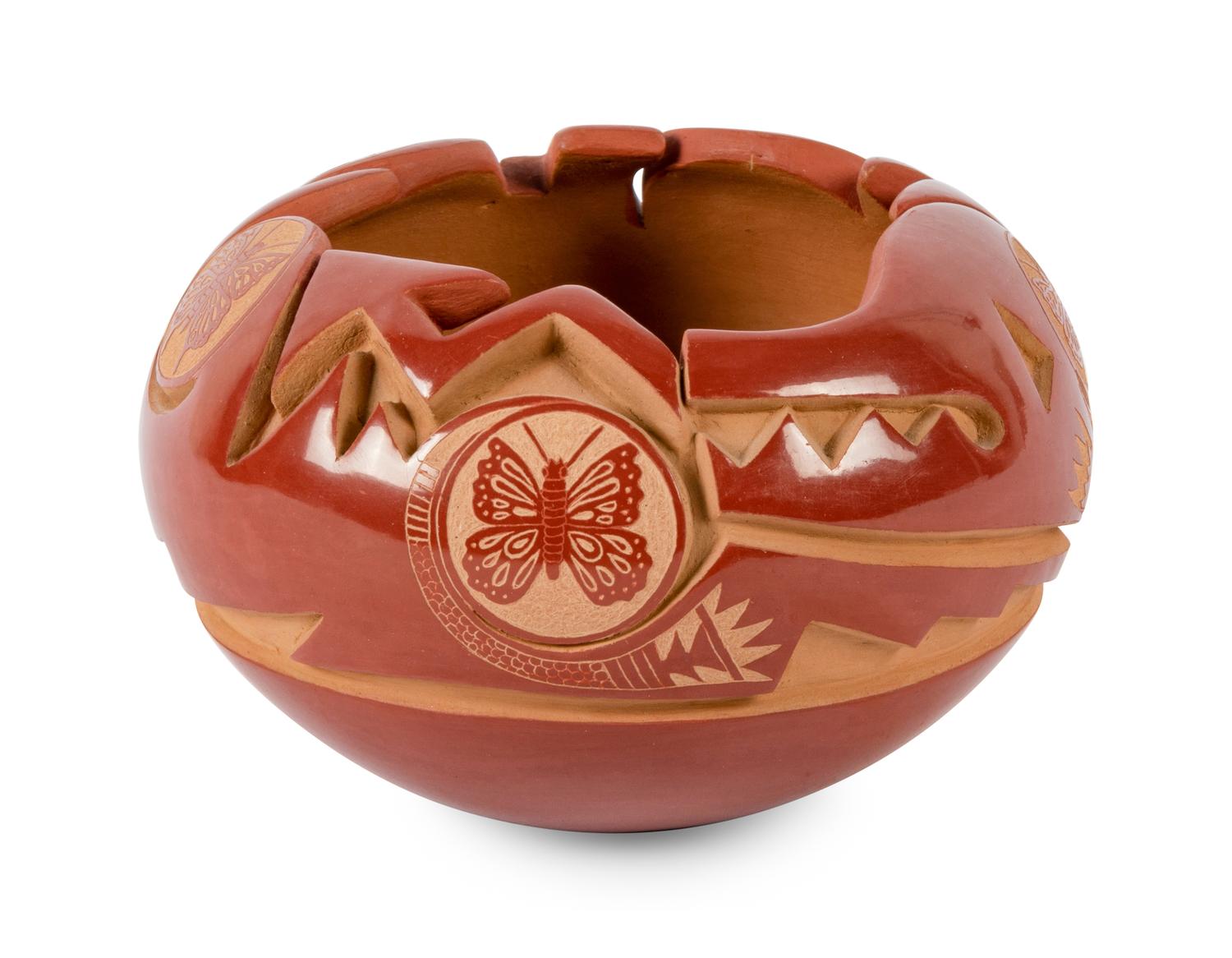 Redware Pottery Bowl with Butterfly Sgraffito Etchings