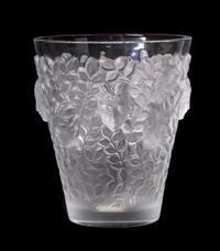 A Lalique Molded and Frosted Glass Vase, Height 8 inches.