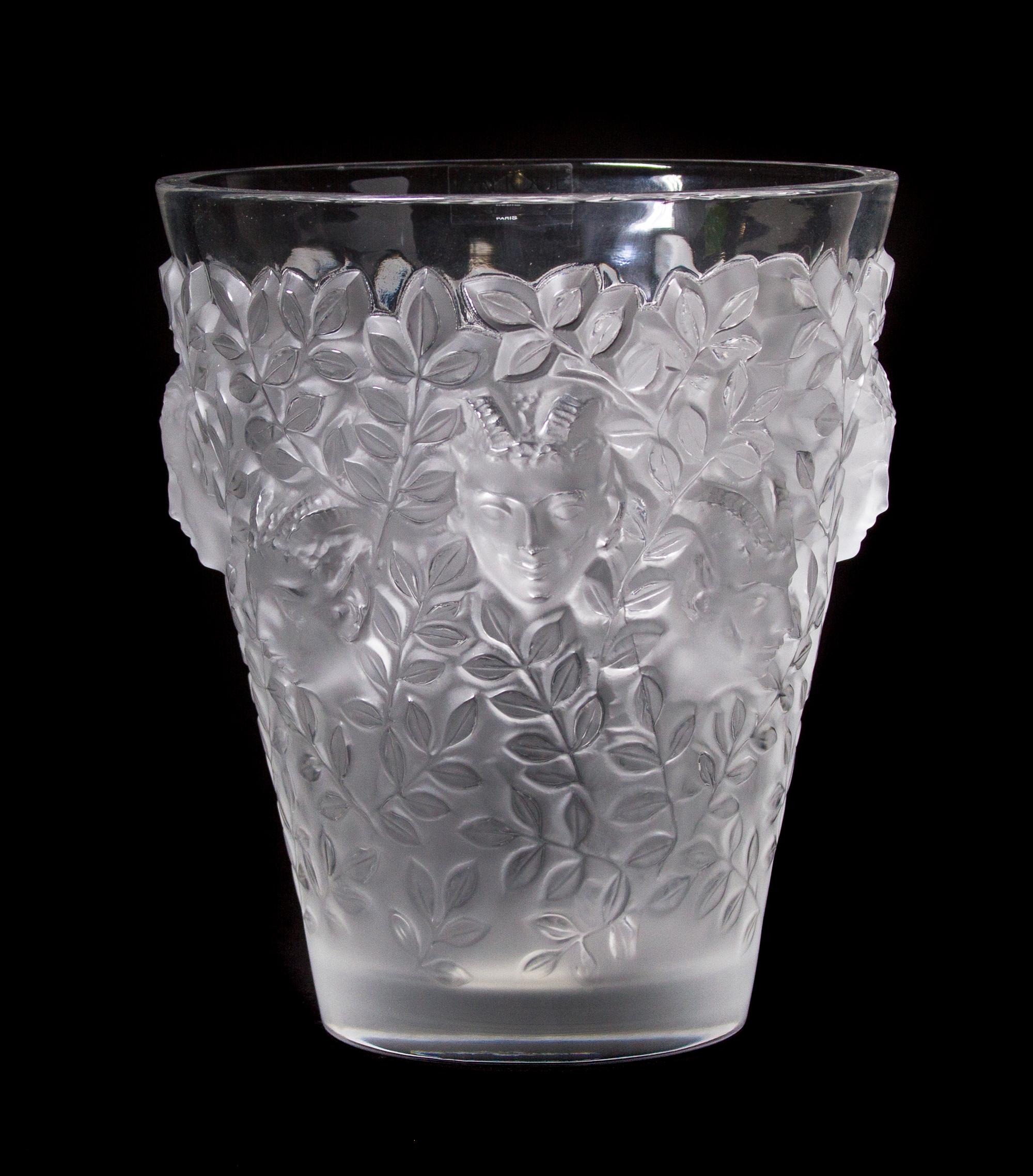 A Lalique Molded and Frosted Glass Vase, Height 8 inches.