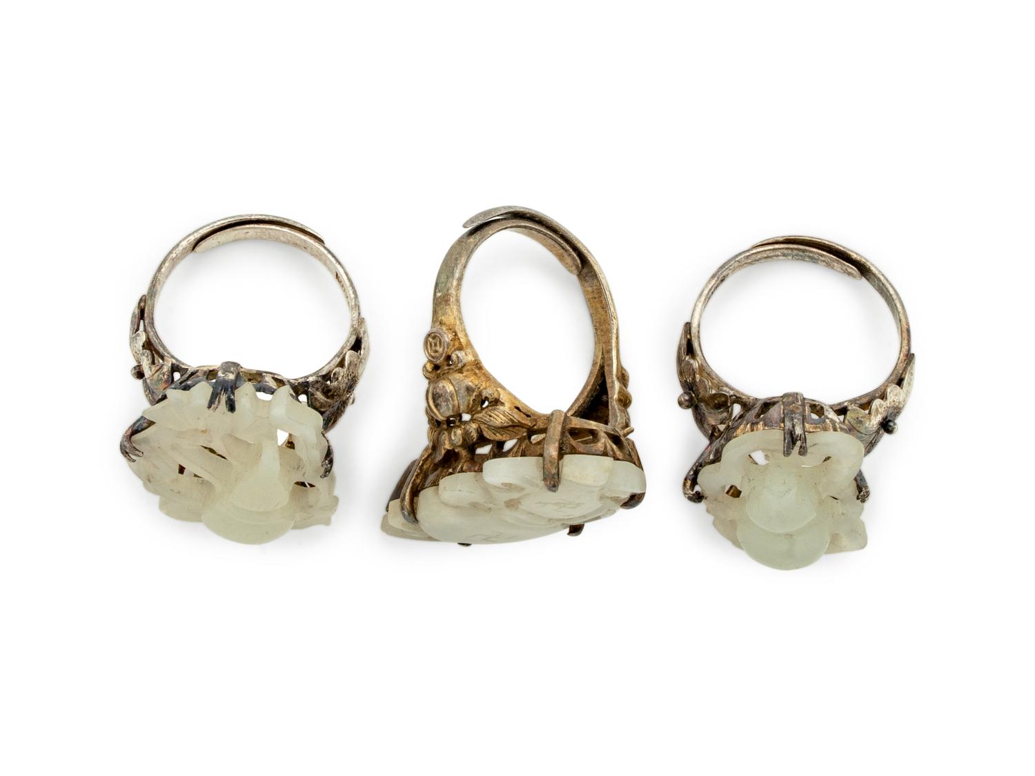 Three Chinese White Jade Inset Silver Rings
