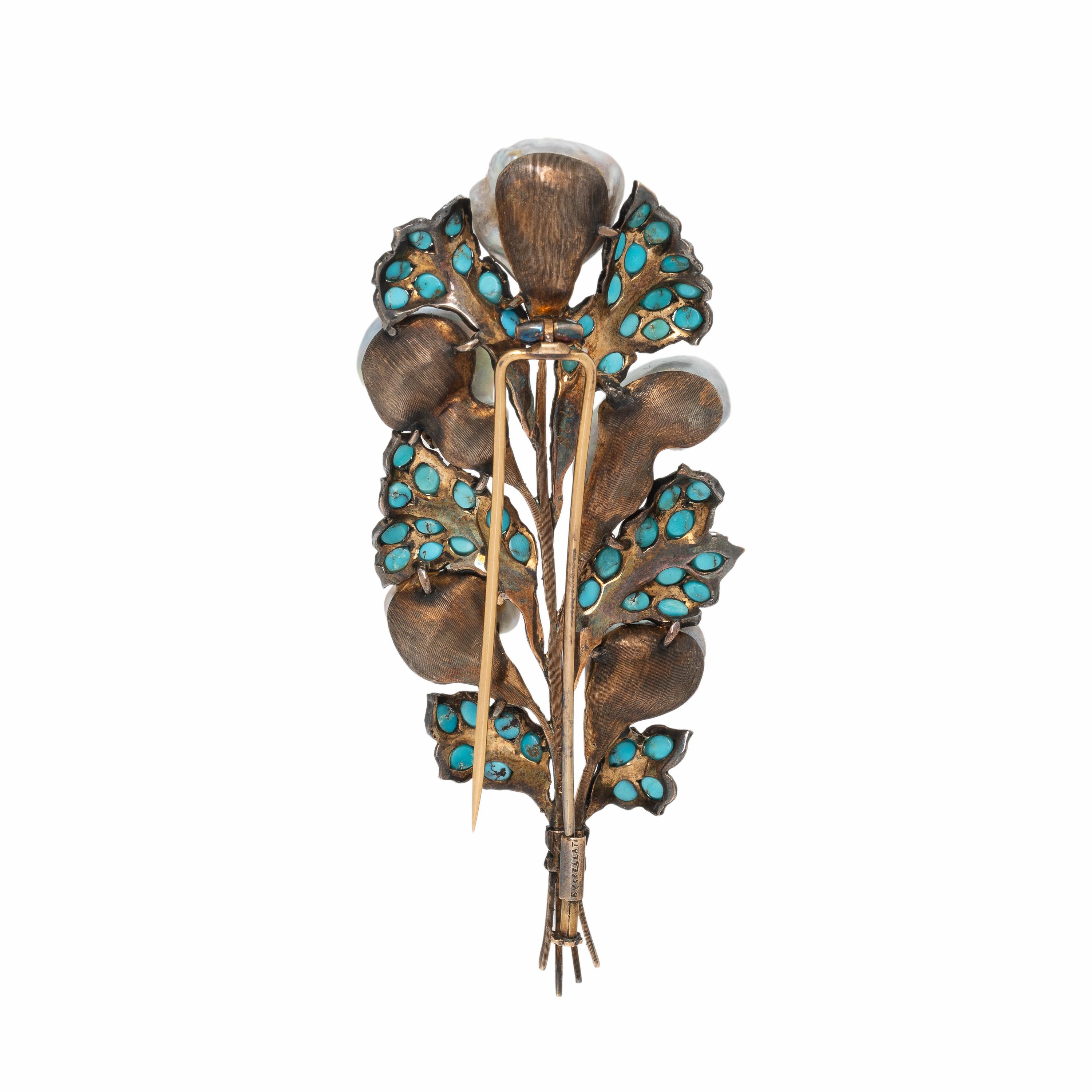 Buccellati, Baroque Cultured Pearl and Turquoise Foliate Brooch
