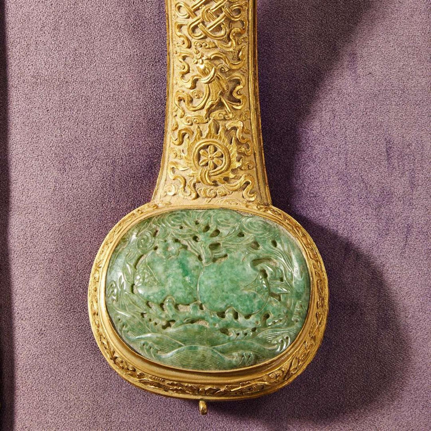 A Chinese jadeite mounted gilt bronze ruyi scepter and wood stand 銅鎏金嵌翡翠如意及木底座
