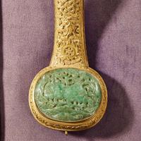 A Chinese jadeite mounted gilt bronze ruyi scepter and wood stand 銅鎏金嵌翡翠如意及木底座