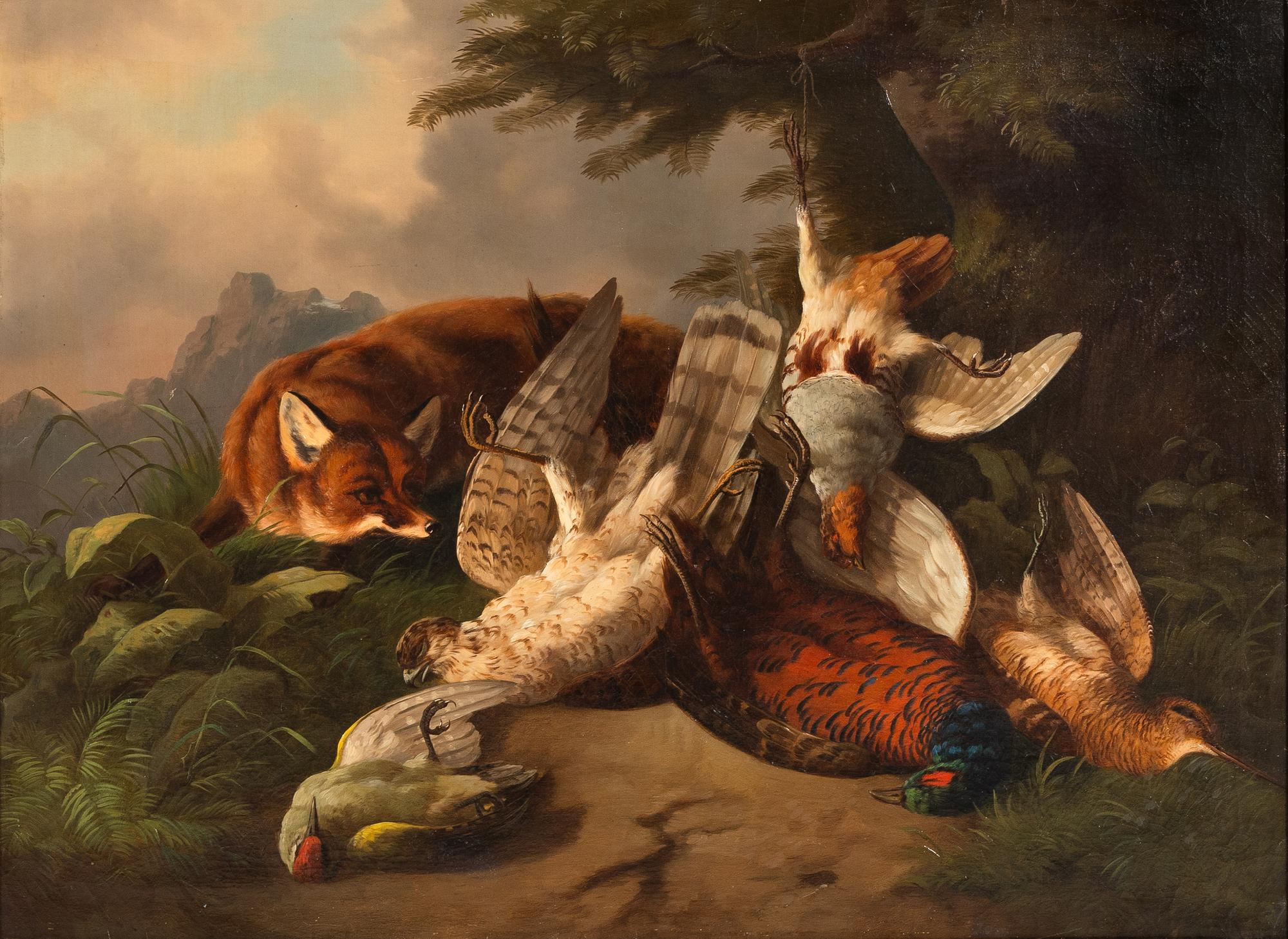 Continental, 19th Century — Still Life with Game Birds, a Green Parrot and a Fox