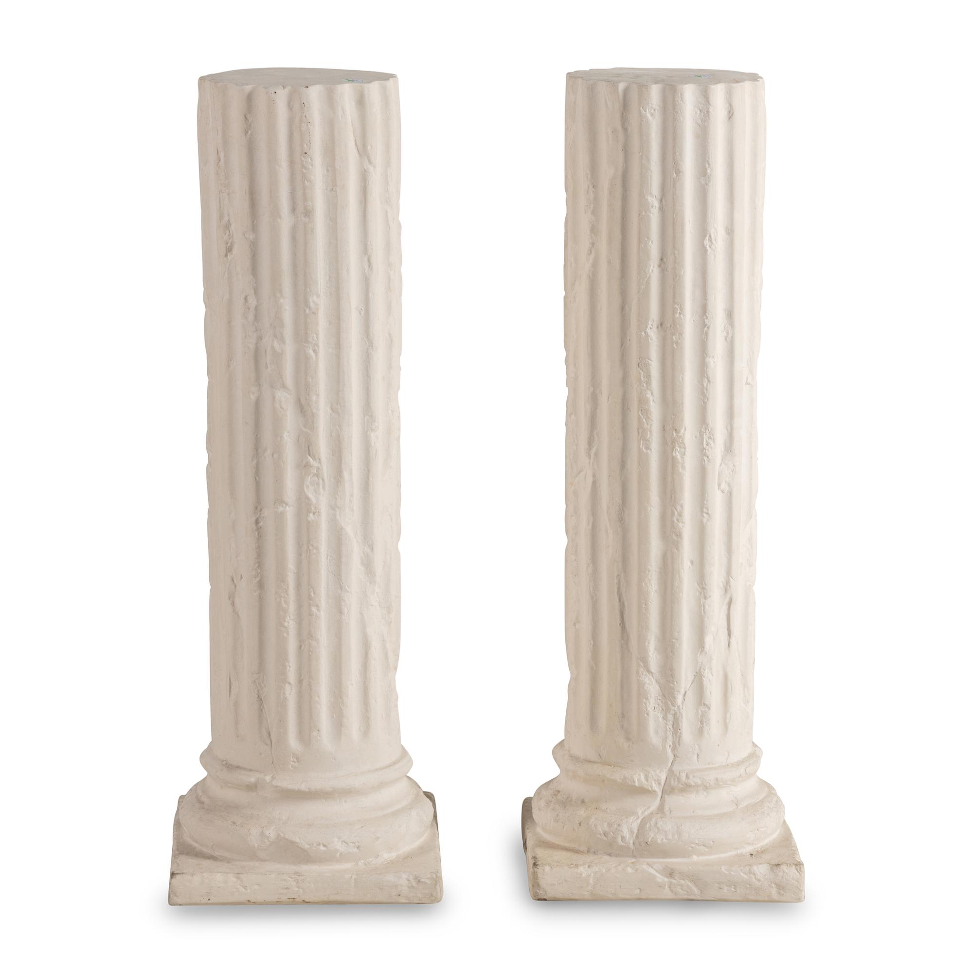 A Pair of White Plaster Fluted Columnar Pedestals