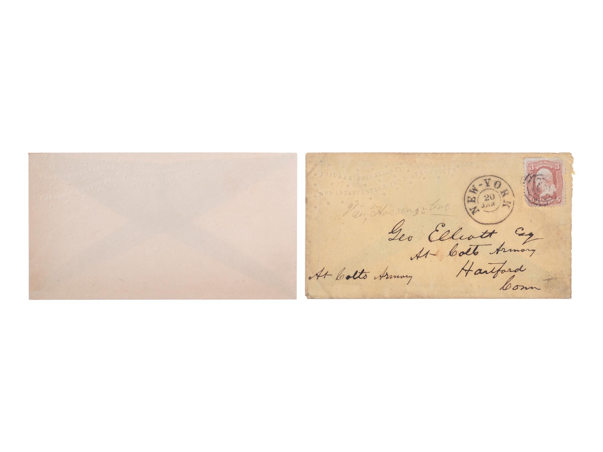[POLITICS IN AMERICA -- 1860 ELECTION]. A group of 13 covers featuring Abraham LINCOLN, Stephen A. DOUGLAS, and John C. BELL, with embossed examples.