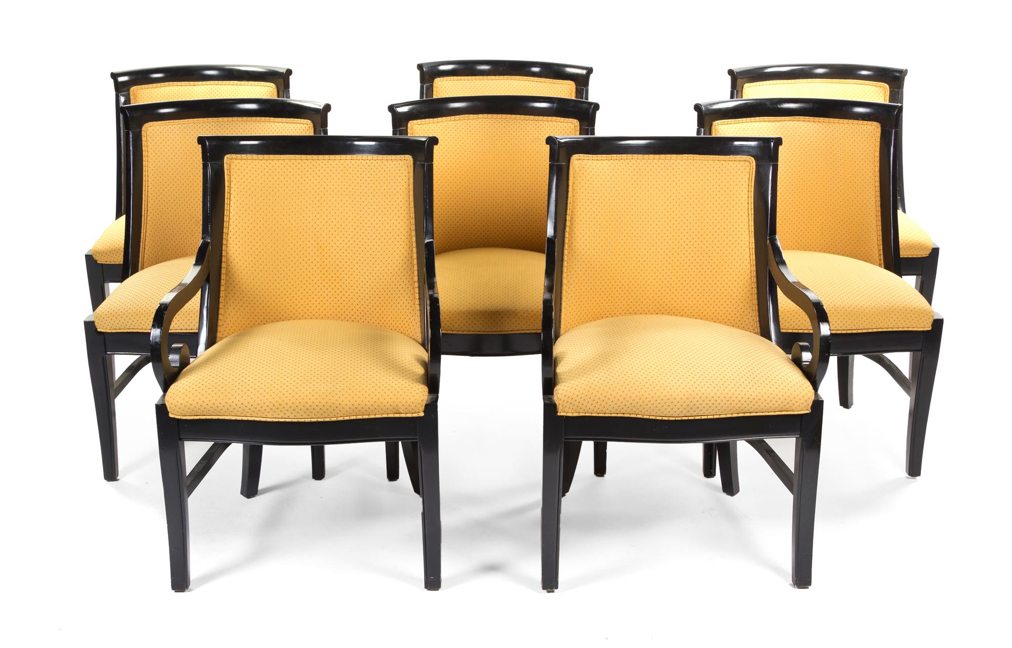 A Set of Eight Regency Style Ebonized and Parcel Gilt Chairs, Height 33 1/2 inches.