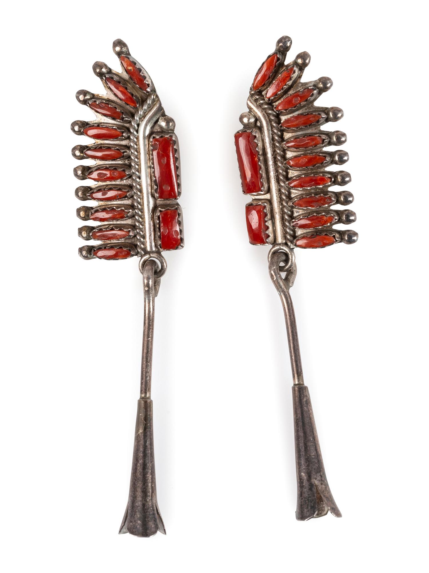 Zuni Sterling Silver and Coral Cluster Earrings AND Rings