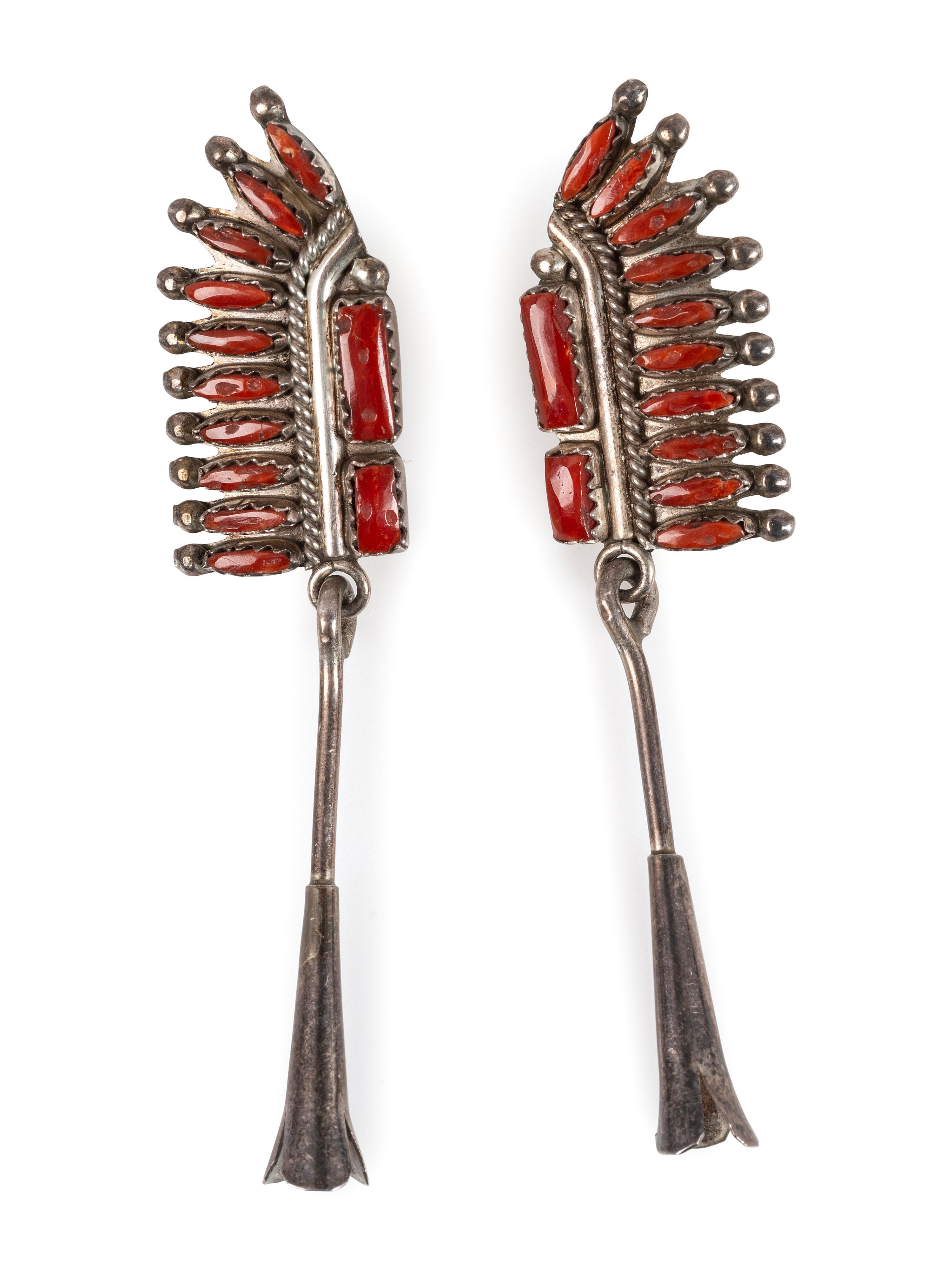 Zuni Sterling Silver and Coral Cluster Earrings AND Rings