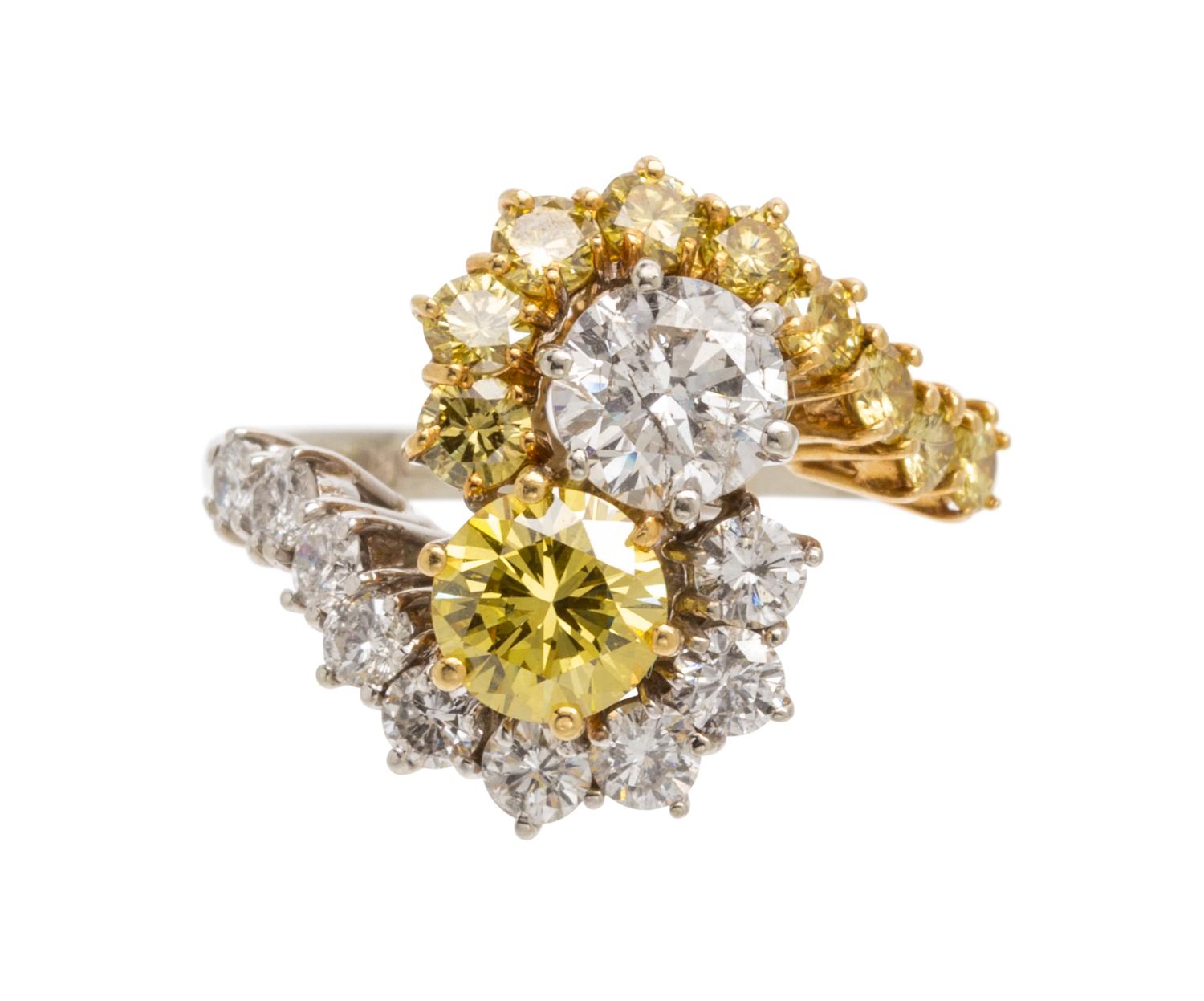 An 18 Karat Gold, Diamond and Treated Color Diamond Bypass Ring, 3.90 dwts.