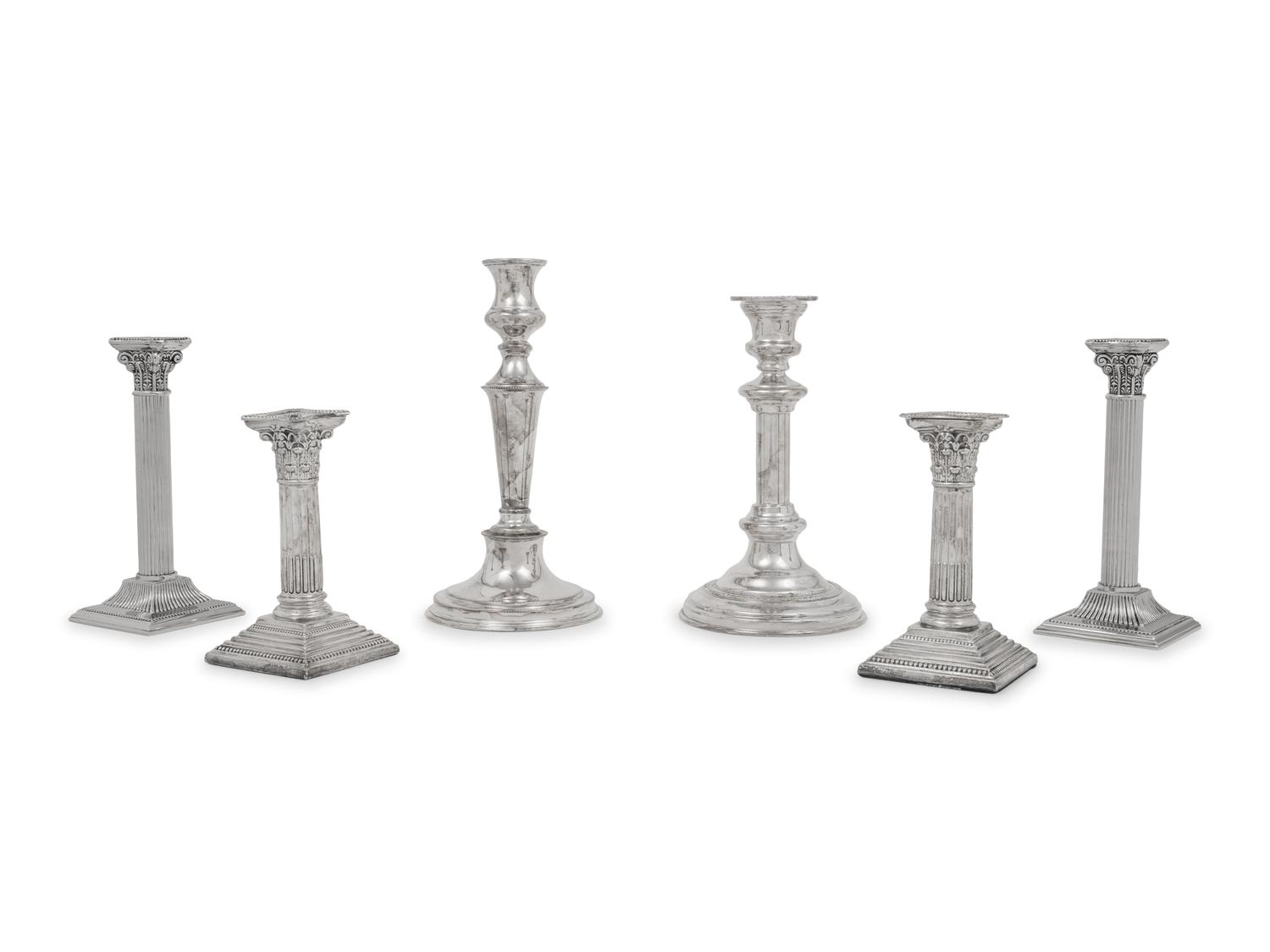 A Group of Six Silver-Plate Candlesticks