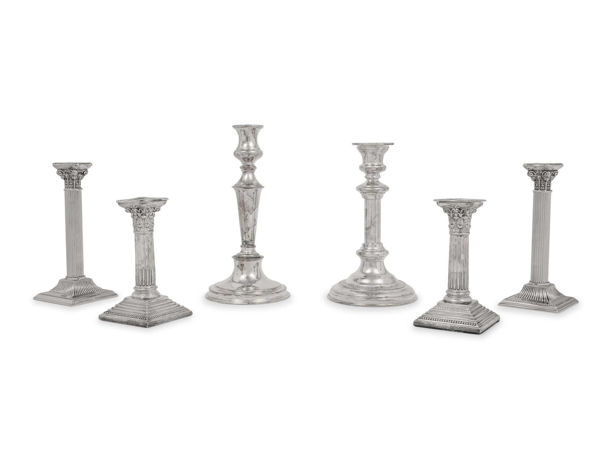 A Group of Six Silver-Plate Candlesticks