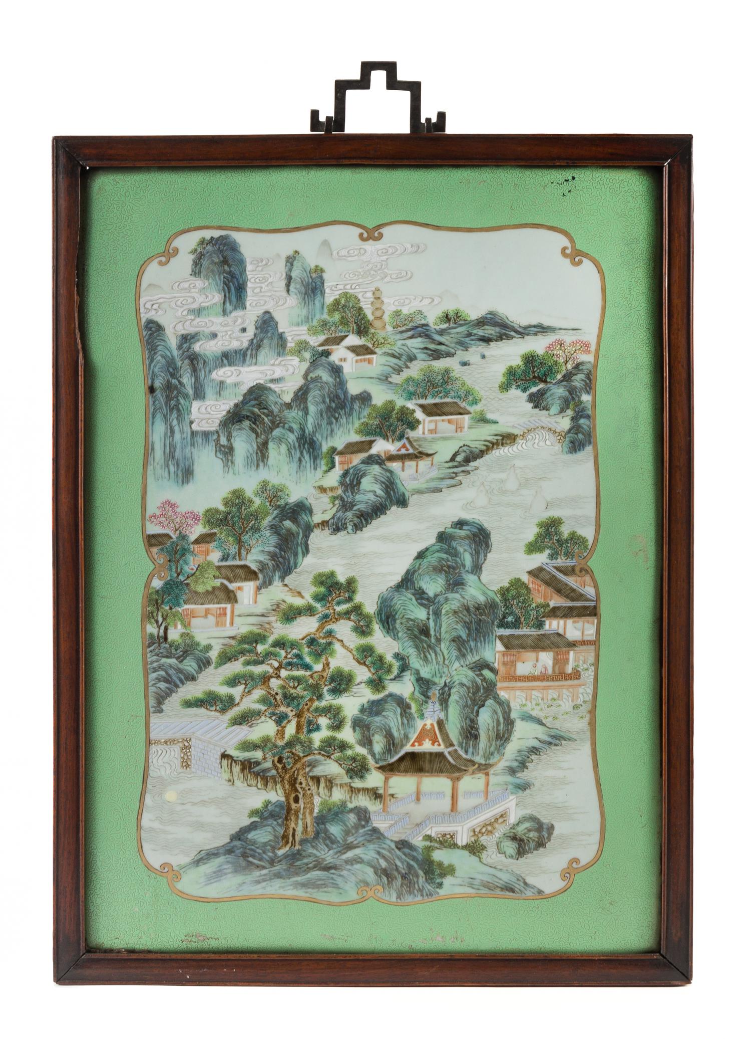 A Pair of Famille Rose Porcelain Plaques 20 3/4 x 15 inches. — QING DYNASTY