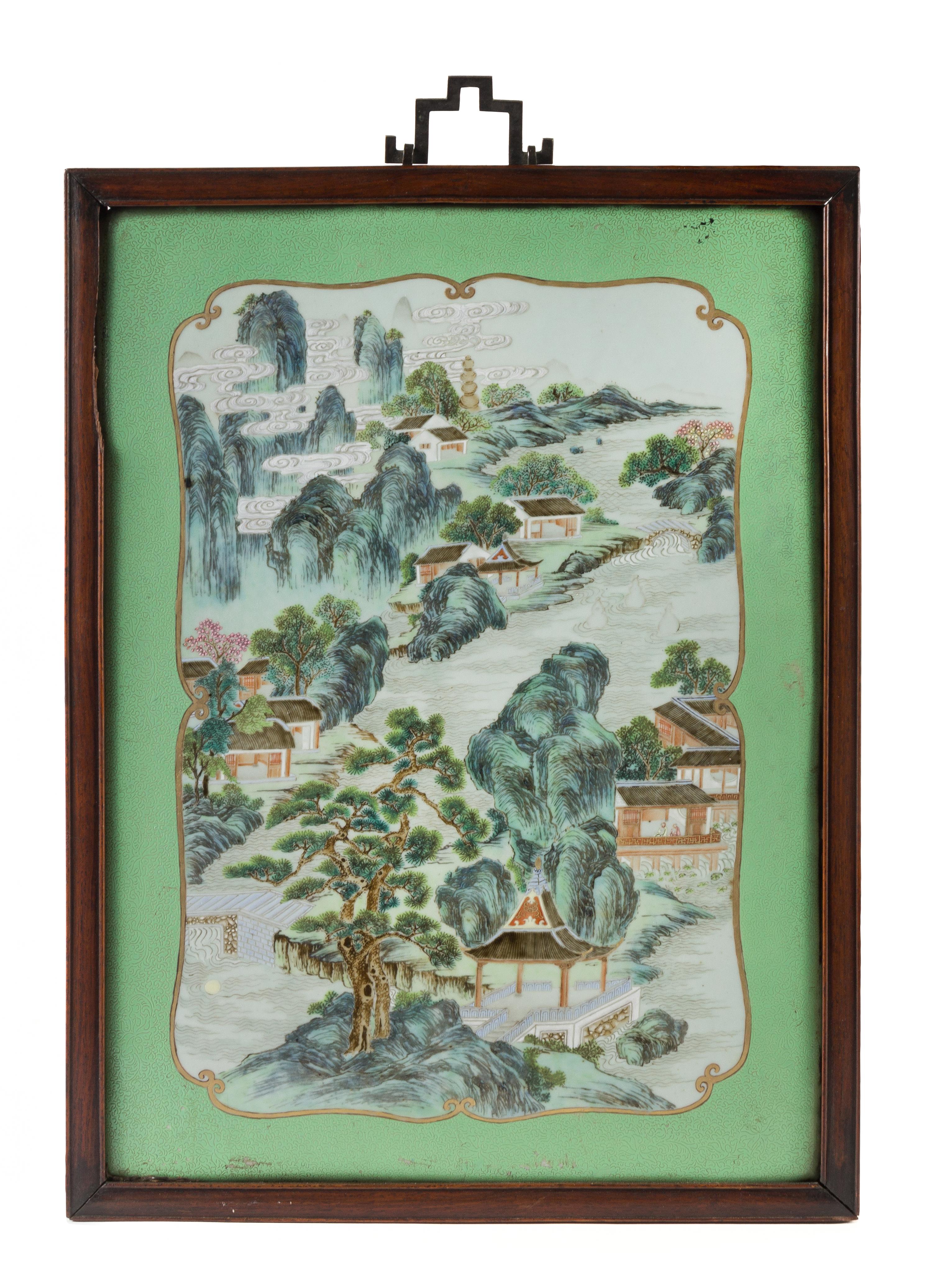 A Pair of Famille Rose Porcelain Plaques 20 3/4 x 15 inches. — QING DYNASTY