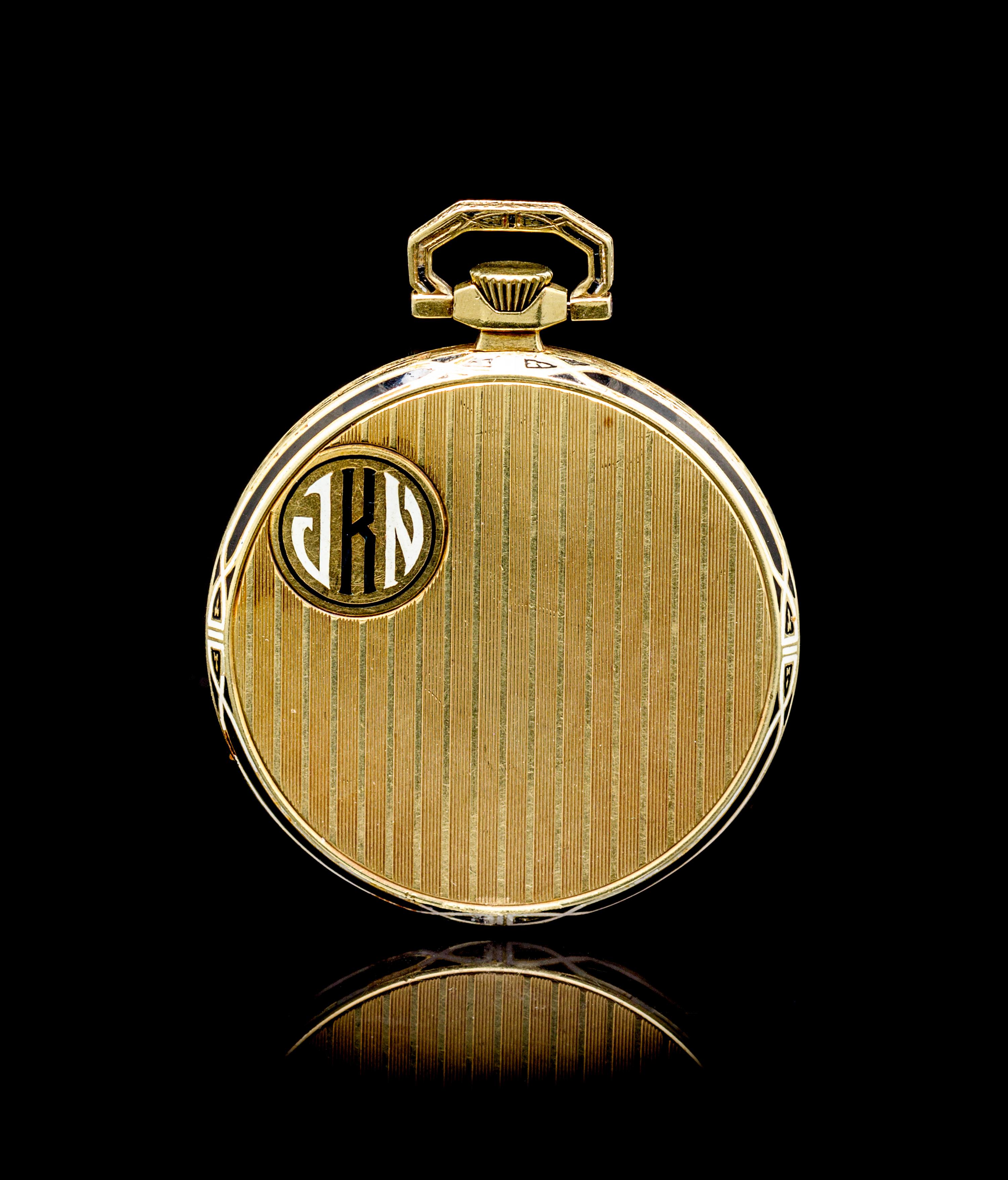 An Art Deco 14 Karat Yellow Gold and Polychrome Enamel Open Face Pocket Watch, Longines,