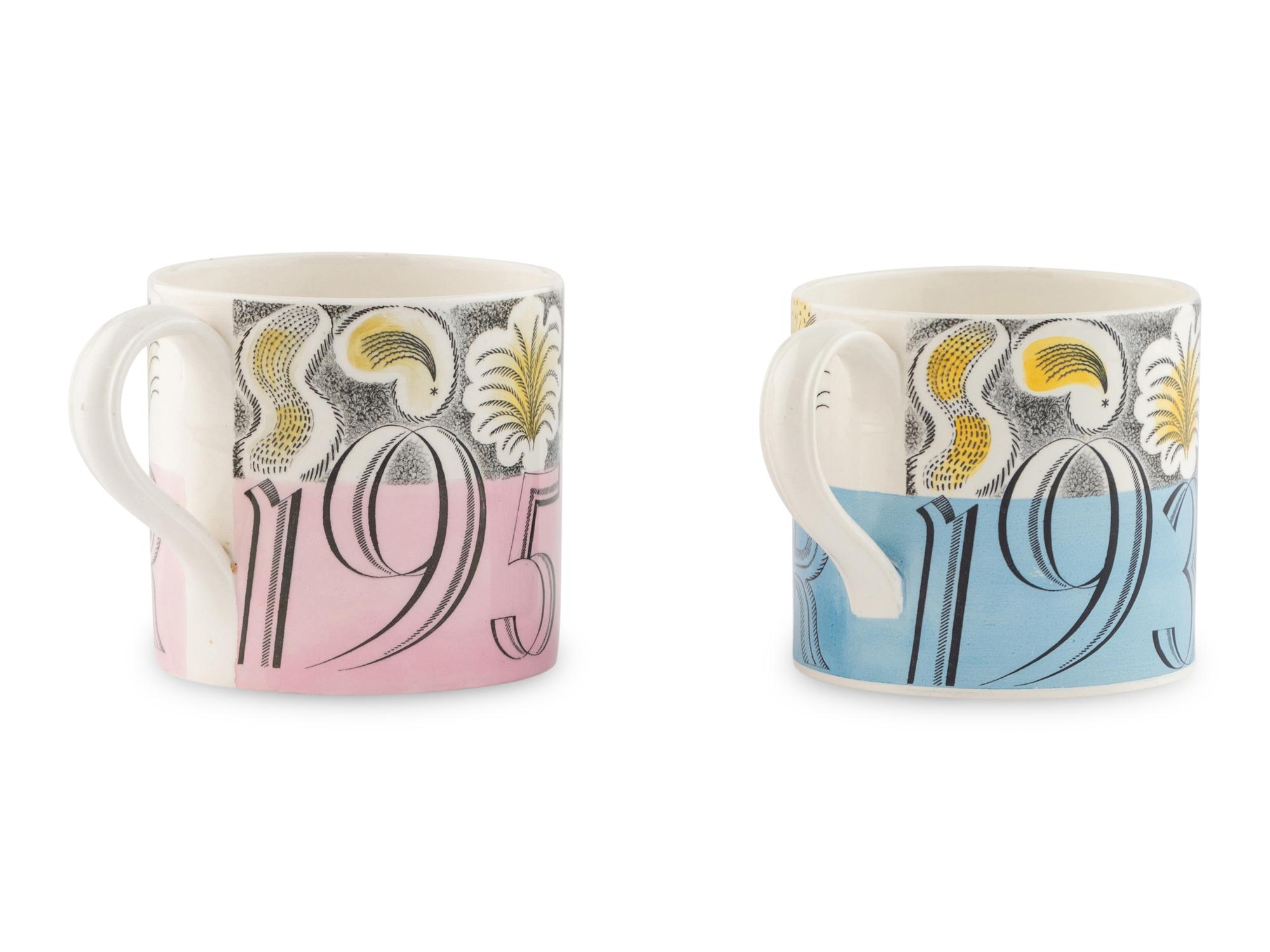 Two Eric Ravilious for Wedgwood Commemorative Mugs, George VI and Elizabeth II