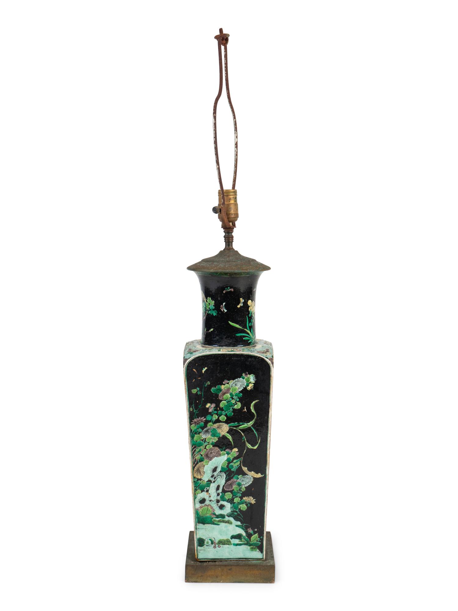 A Chinese Famille Noire Porcelain Vase Mounted as a Lamp — EARLY 20TH CENTURY