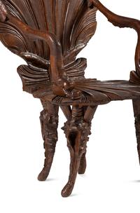 A Pair of Venetian Shell-and-Dolphin Carved Walnut Grotto Armchairs