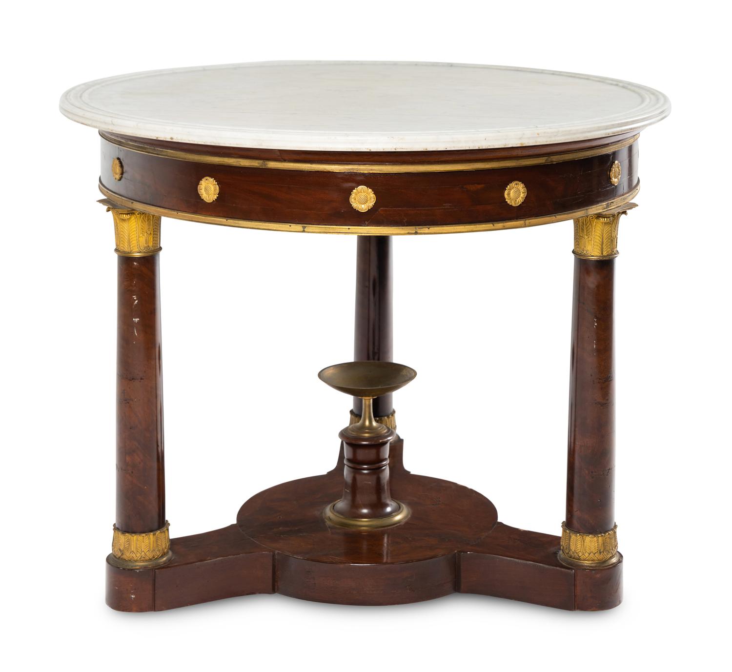 An Empire Style Gilt Bronze Mounted Mahogany Marble-Top Table