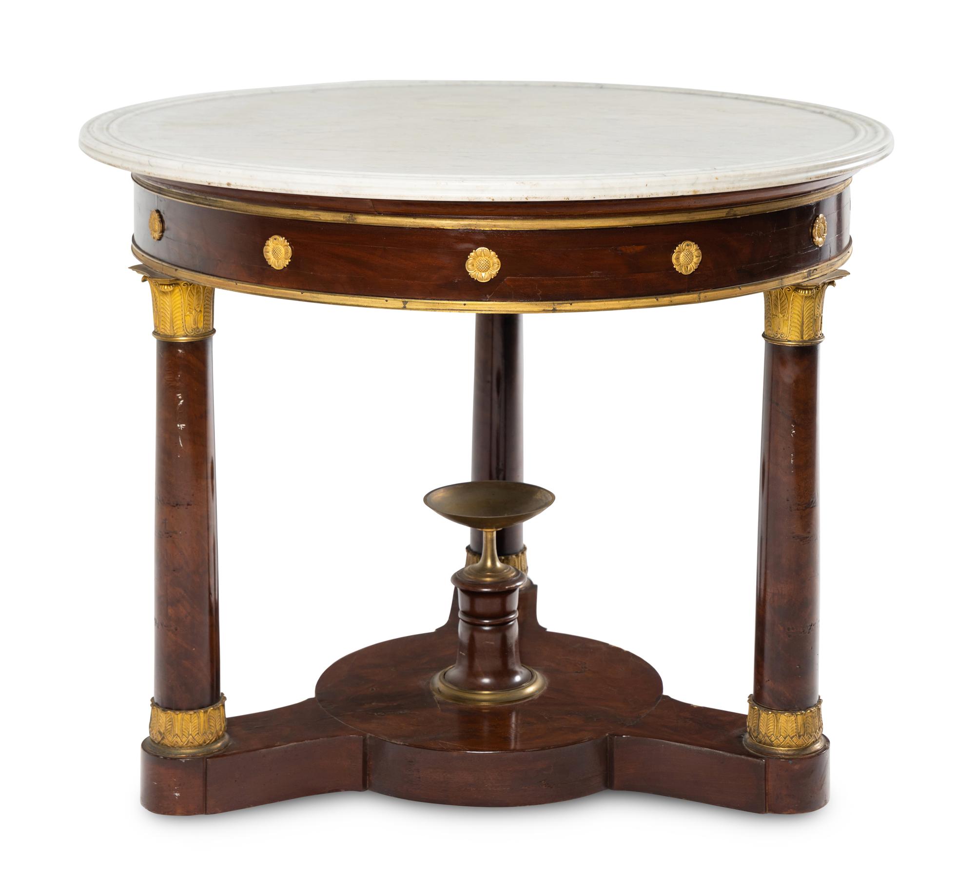 An Empire Style Gilt Bronze Mounted Mahogany Marble-Top Table