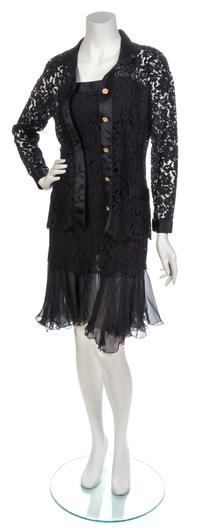 A Chanel Black Cotton Lace Cocktail Dress Ensemble, Jacket size 40, dress size 40.