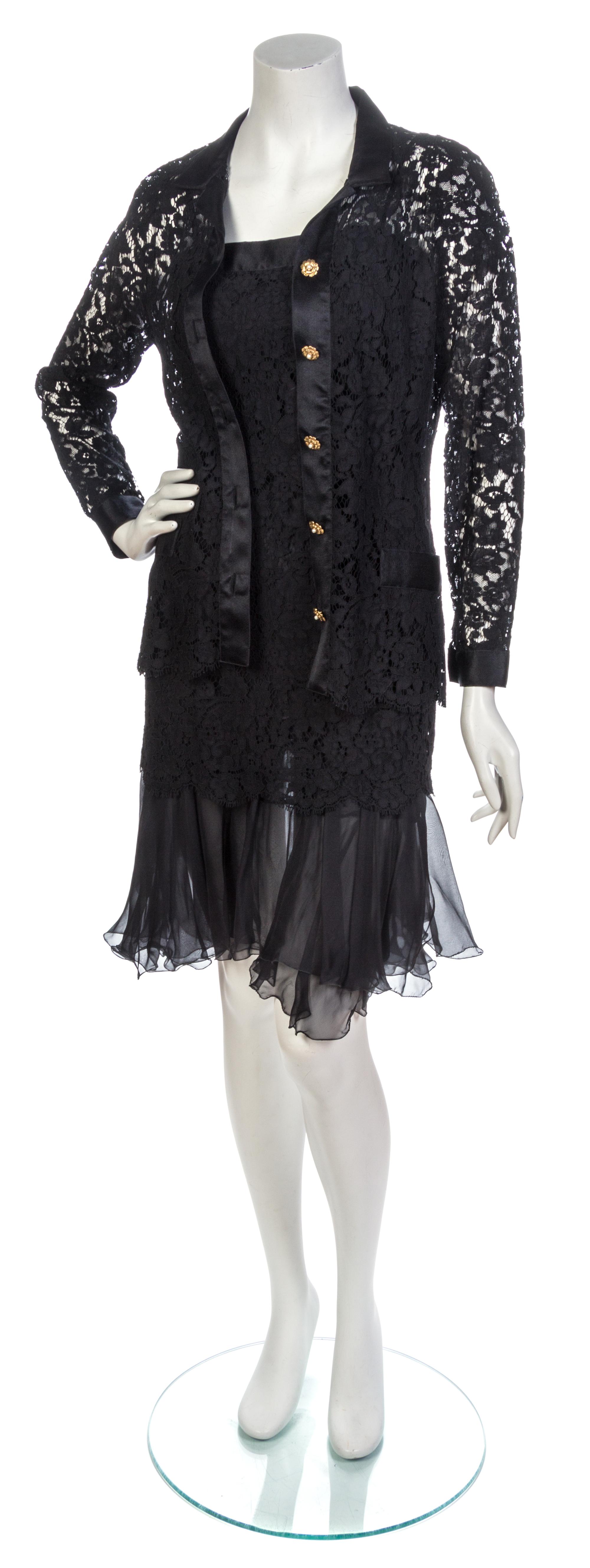 A Chanel Black Cotton Lace Cocktail Dress Ensemble, Jacket size 40, dress size 40.