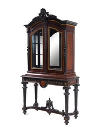 A Renaissance Revival Carved Walnut, Parcel Ebonized and Parcel Gilt Vitrine Cabinet on Stand