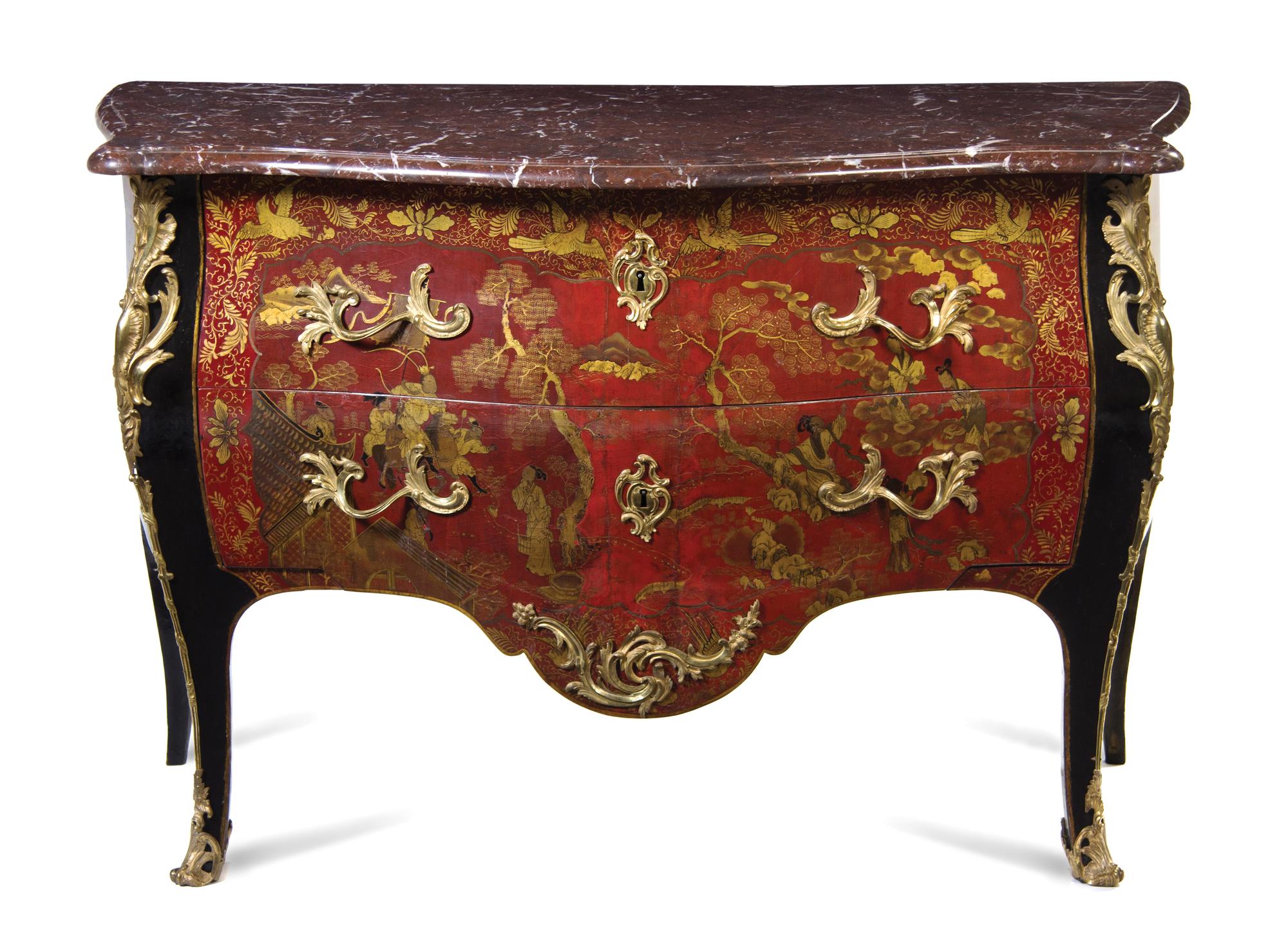 A Louis XV Gilt Bronze Mounted Lacquered Commode, Height 33 3/4 x width 51 x depth 25 3/4 inches.