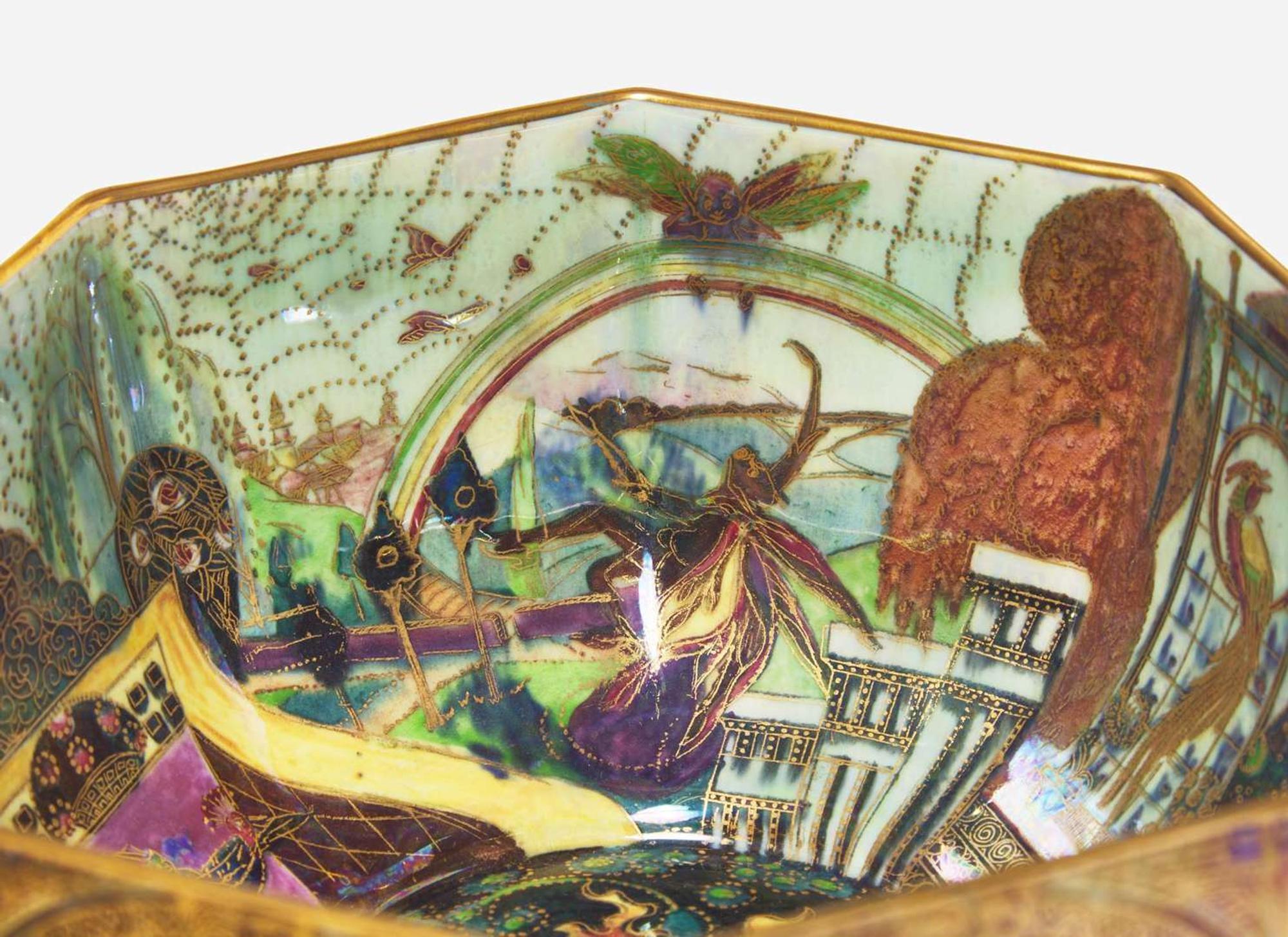 A Wedgwood Octagonal Black Fairyland Lustre Gargoyles Pattern Bowl, UK, 1920s