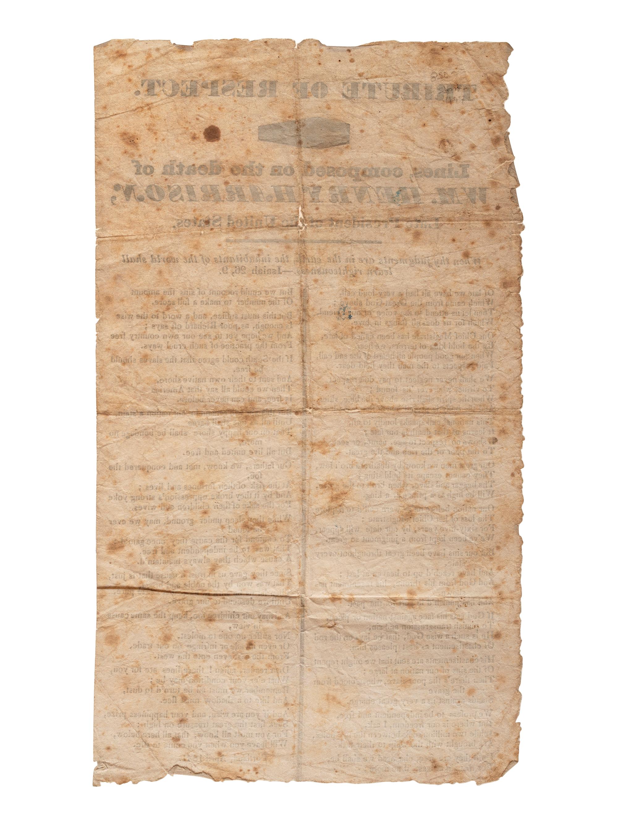 [HARRISON, William Henry]. A group of 3 broadsides related to the death and funeral of William Henry Harrison, comprising: