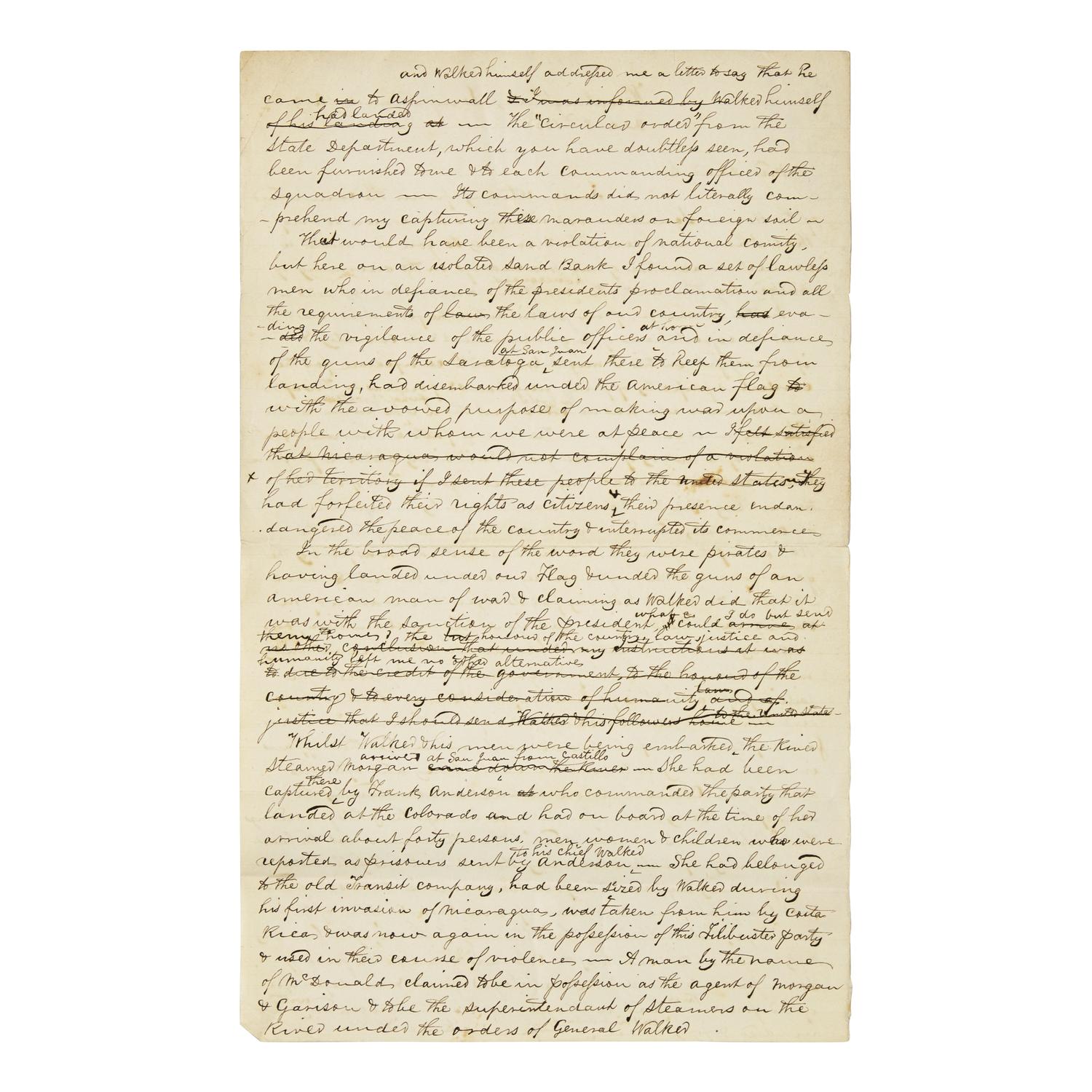 [Paulding, Hiram] (Walker, William) Autograph Draft, unsigned