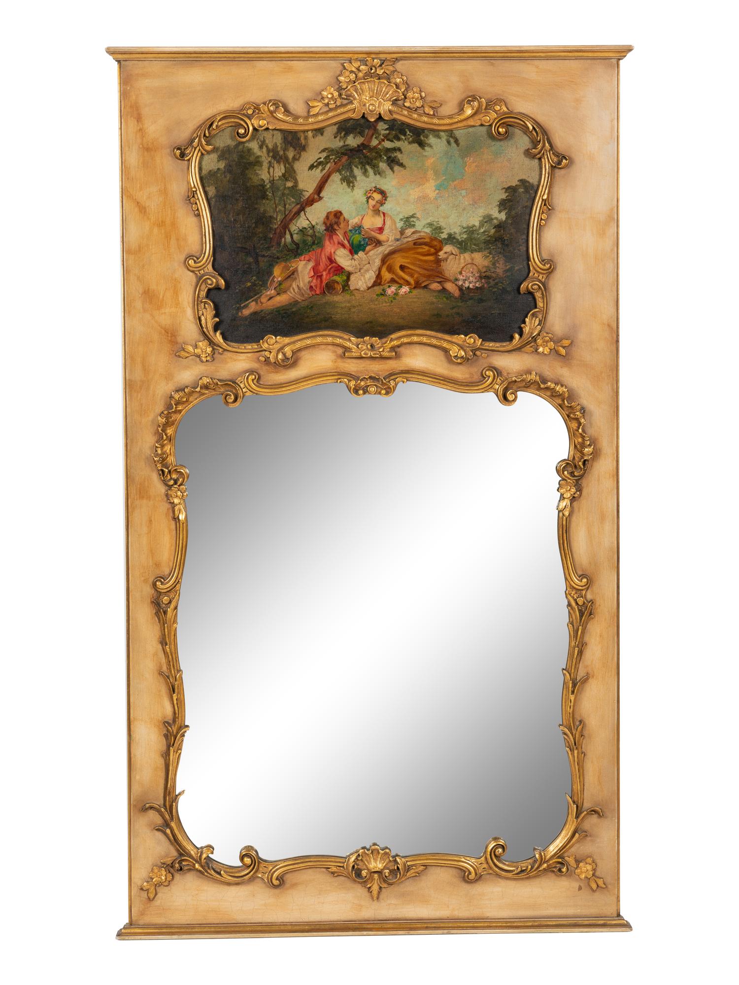 A French Painted and Parcel Gilt Trumeau Mirror