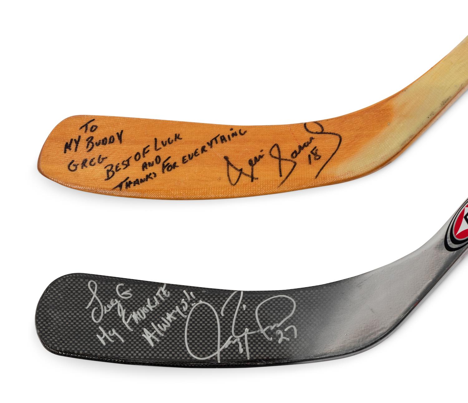 A Group of Four Chicago Blackhawks Game Used/Issued Hockey Sticks (Including Jeremy Roenick and Denis Savard),