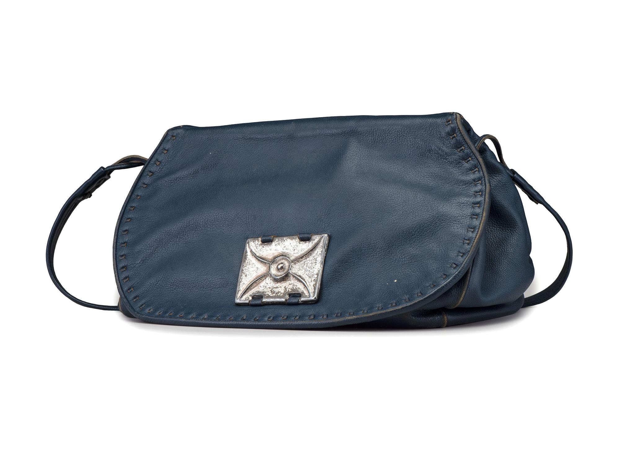 Large Navy Blue Drawstring Purse, with Sand Cast Silver Decoration