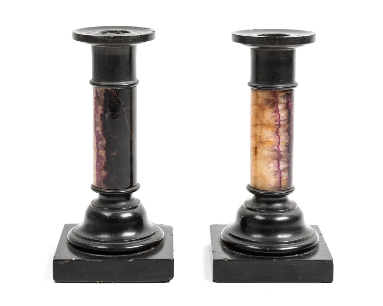 A Pair of English Blue John Candlesticks Height 9 inches. — 19TH CENTURY